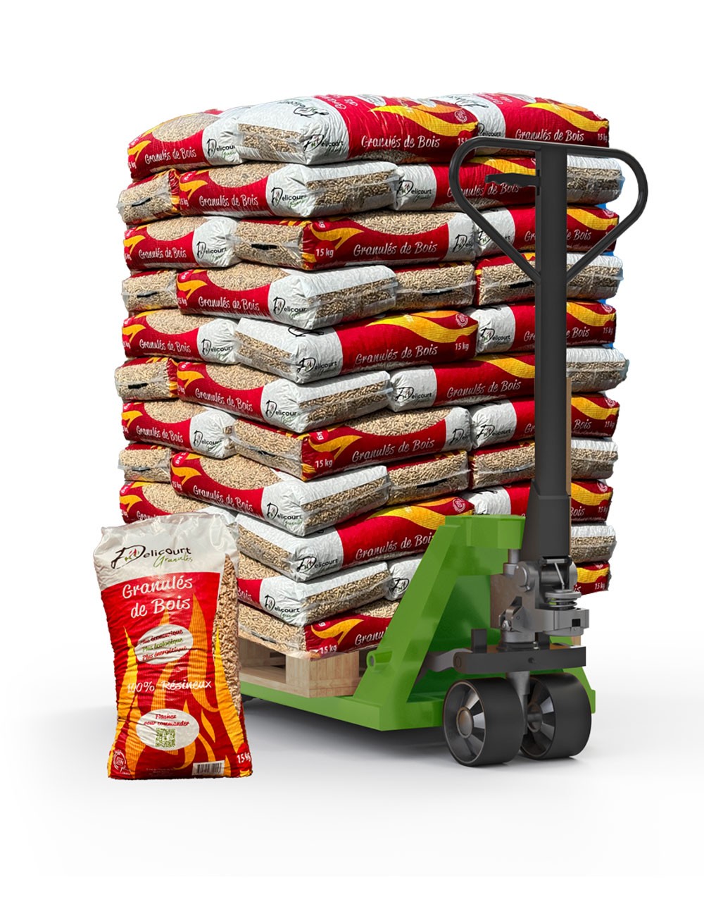 PELLETS DE MADERA DELICOURT ENERGIES – Palet de 66 sacos de 15 kg o 990 kg.