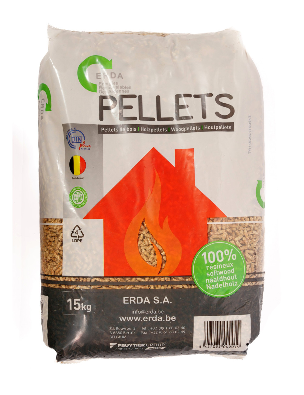 GRANULES DE BOIS ERDA – Palette de 65 sacs de 15 kg soit 975 kg.