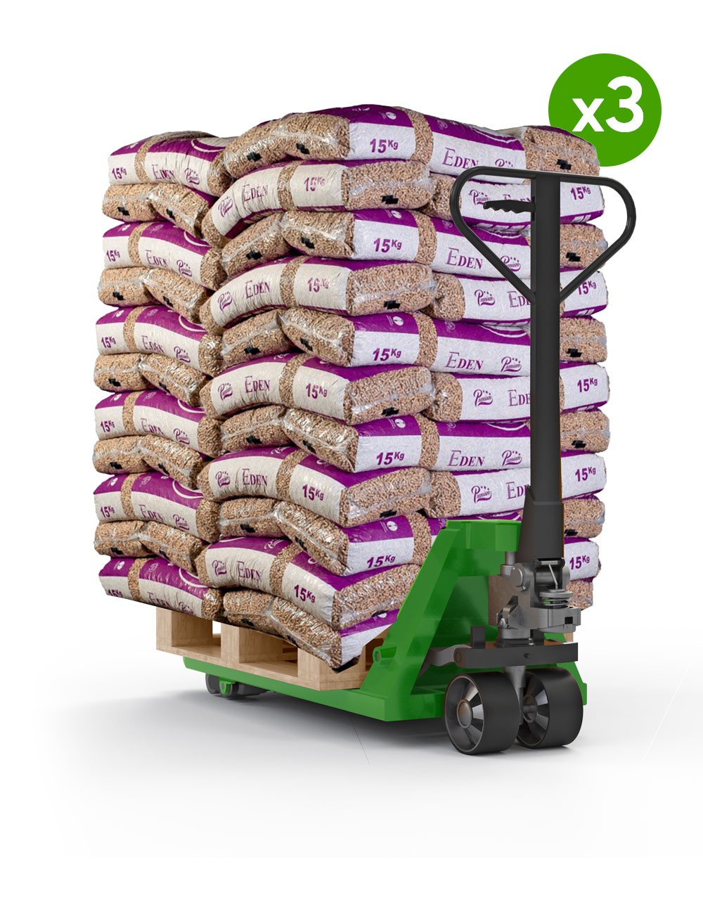 OFERTA 3 PALETS DE PELLETS DE MADERA PREMIUM EDEN PELLETS – Palet de 66 sacos de 15 kg o 990 kg.